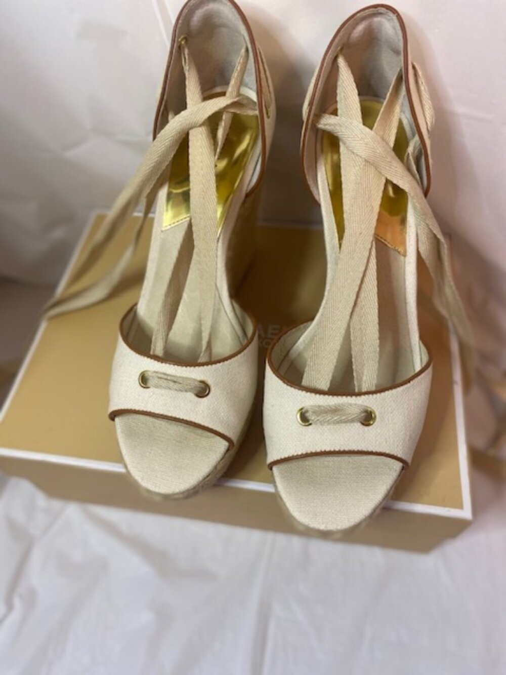Michael Kors Lilah Natural Canvas Lace-Up Espadrille Wedge Sandals, size 10